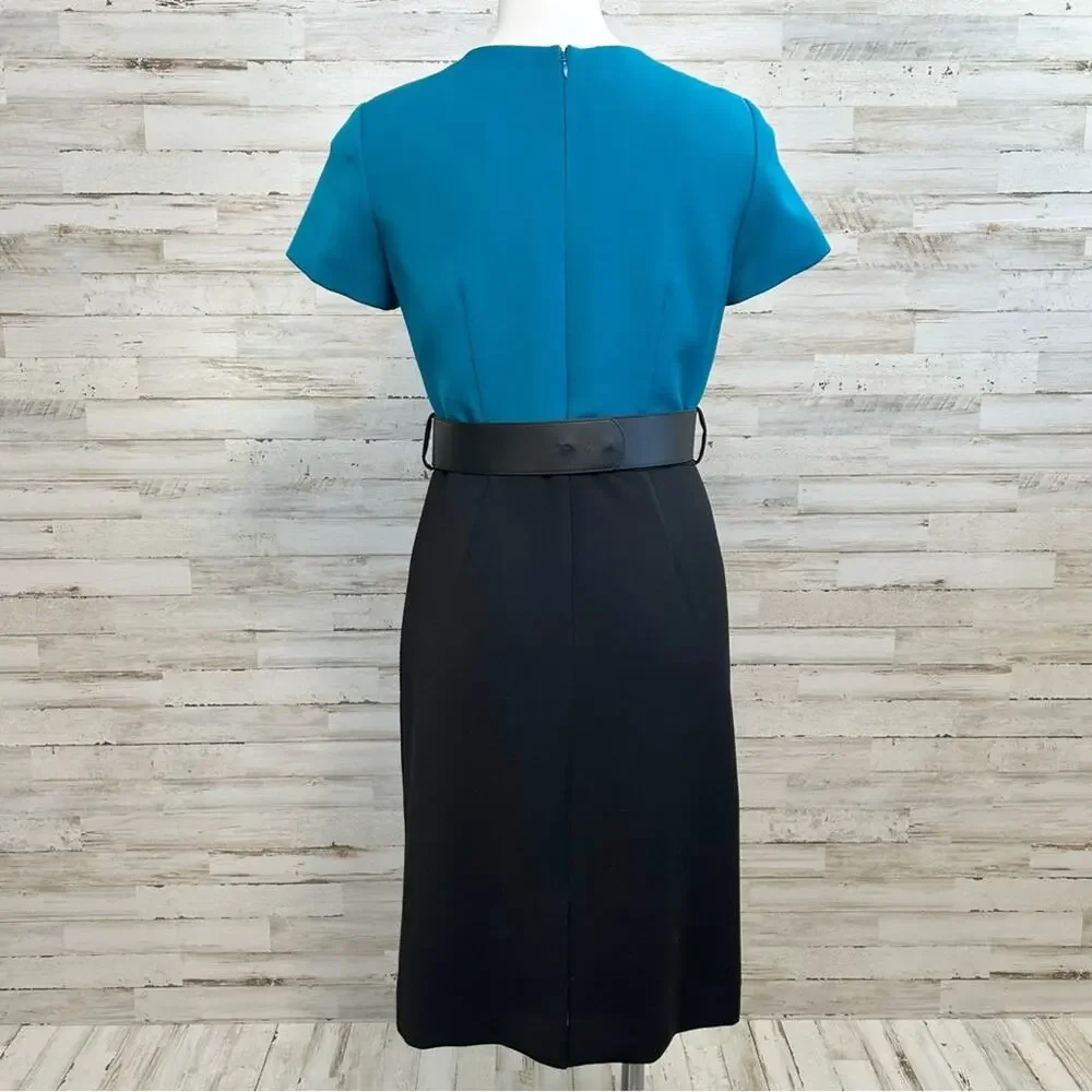 Tahari Arthur S Levine Short Sleeve Belted Dress Size 4 Teal Black Two Tone - Picture 8 of 14